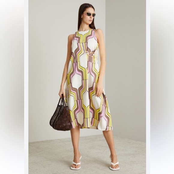 Marella 365 By Max Mara Scorza Sleeveless Geo Print Midi Dress Gold Tone Decor 4 - Picture 1 of 16